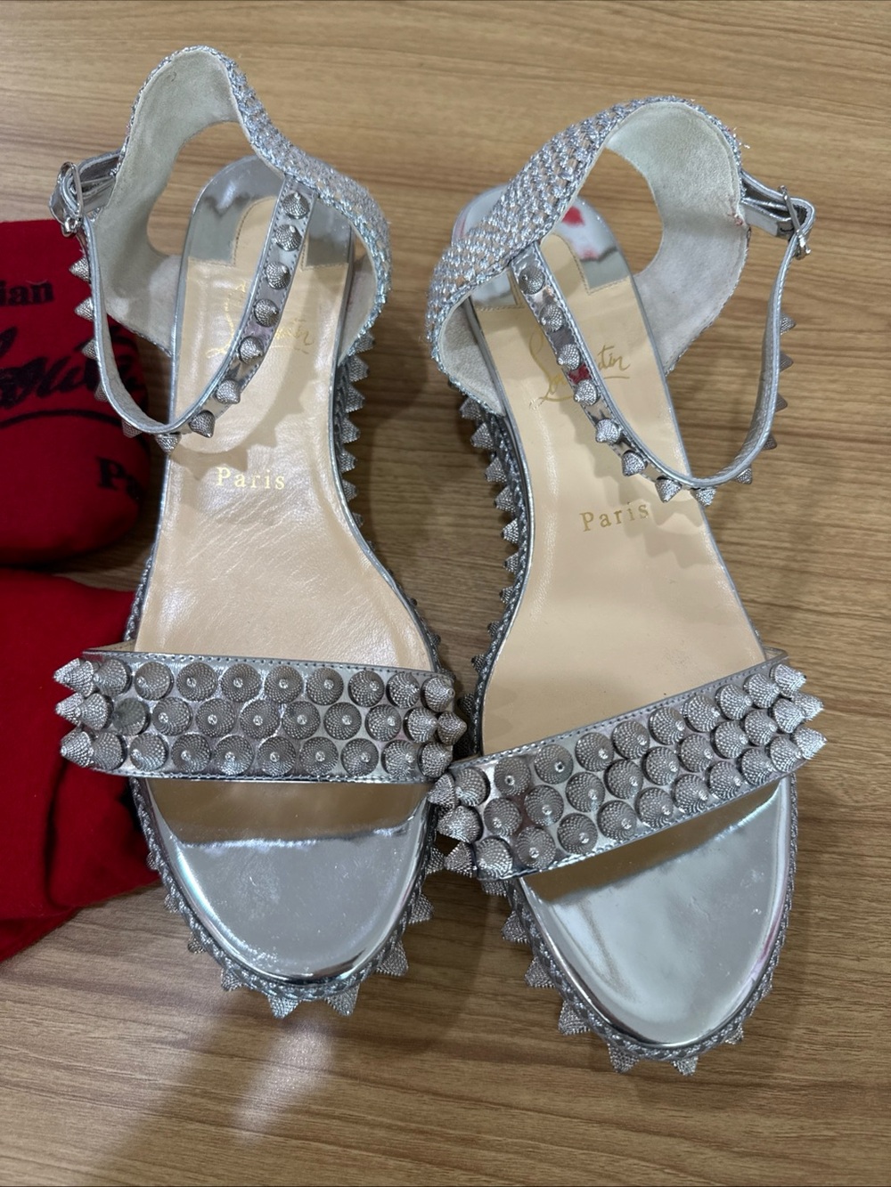 Christian Louboutin Silver Studded Ankle-Strap Heels